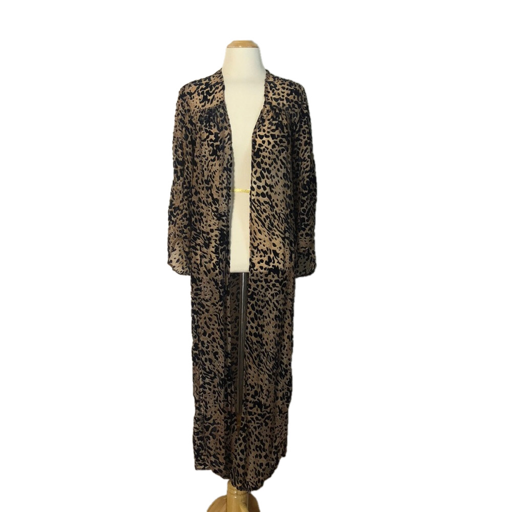 ANGIE Women Small Mesh Burnout Velvet Animal Print Cheetah Kaftan Kimono Duster‎